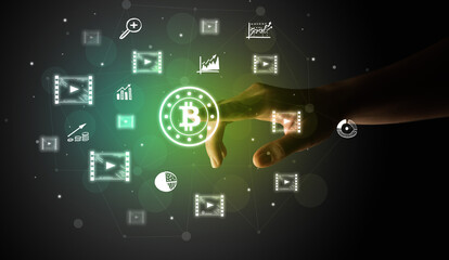 Businessman finger touching on screen multimedia interface with hand drawn currency icons