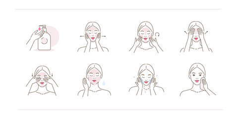Facial cleaning illustration set. Beauty girl taking care of her skin and using hydrophilic cleansing oil to remove sebum and make up. Beauty skin care routine and hygiene. Vector illustration.
