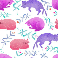 Seamless watercolor cats and flowers pattern. Repeated animal floral texture 