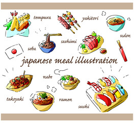 和食・日本食の手描きイラストセット