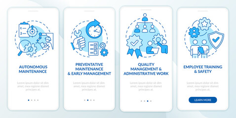 Total productive maintenance blue onboarding mobile app screen. Walkthrough 4 steps graphic instructions pages with linear concepts. UI, UX, GUI template. Myriad Pro-Bold, Regular fonts used - obrazy, fototapety, plakaty