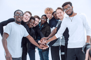 Hands Together Concept. Group of Business People Unite Power of Teamwork With Friendship