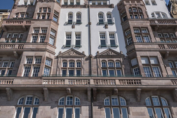 Beautiful traditional medieval buildings along the picturesque river Rhine promenade. DUSSELDORF, GERMANY.