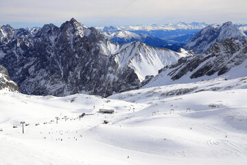 Panorama view of snow mountain from Zugspitze - the highest point of Germany. The Alps, Germany, Europe. 