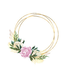 Watercolor flower frame with peonies. Peony wreath. Design for printing postcards, invitations to weddings, birthdays and summer holidays