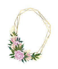 Watercolor flower frame with peonies. Peony wreath. Design for printing postcards, invitations to weddings, birthdays and summer holidays