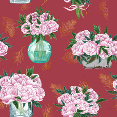 Peonies seamless pattern, big flowers watercolor illustration. Floral background.