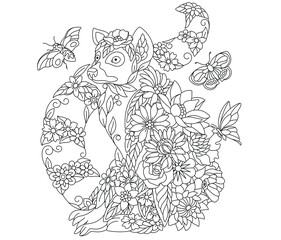 Floral adult coloring book page. Fairy tale lemur. Ethereal animal consisting of flowers, leaves and butterflies.  © Sybirko