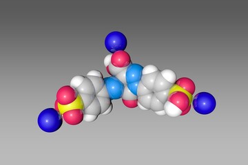 Space-filling molecular structure of tartrazine molecule, E102, a bright yellow pigment, a harmful colorant that is used in many foods. Scientific background. 3d illustration