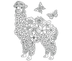 Floral adult coloring book page. Fairy tale llama or alpaca. Ethereal animal consisting of flowers, leaves and butterflies.  © Sybirko