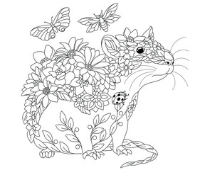 Floral adult coloring book page. Fairy tale mouse. Ethereal animal consisting of flowers, leaves and butterflies. 