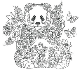 Floral adult coloring book page. Fairy tale panda bear. Ethereal animal consisting of flowers, leaves and butterflies. 