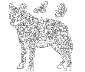 Floral adult coloring book page. Fairy tale wolf. Ethereal animal consisting of flowers, leaves and butterflies. 