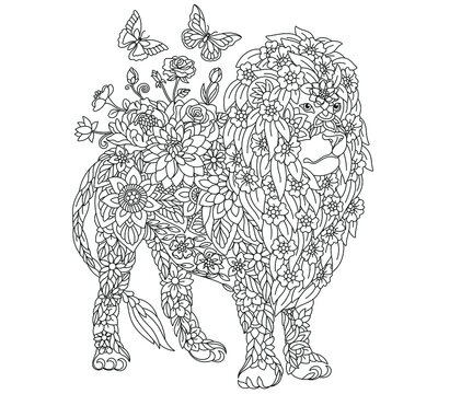 Floral adult coloring book page. Fairy tale lion. Ethereal animal consisting of flowers, leaves and butterflies. 