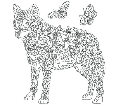 Floral adult coloring book page. Fairy tale wolf. Ethereal animal  consisting of flowers, leaves and butterflies. Stock Vector | Adobe Stock