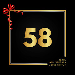 58th anniversary logo with golden and silver frame isolated on black background. 58 years Anniversary Celebration Design. vector design for greeting card, banner, birthday and invitation card.