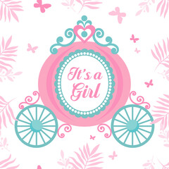 Baby Shower girl seamless pattern with with princess carriage and butterflies. Nursery wallpaper and textile © Riczdodo