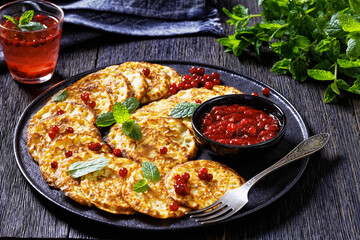 sweet spelt flour pancakes on plate, top view