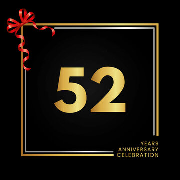 52th anniversary logo with golden and silver frame isolated on black background. 52 years Anniversary Celebration Design. vector design for greeting card, banner, birthday and invitation card.