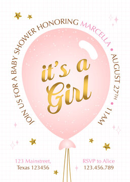 Baby shower invitation with pink balloon and glitter stars. It's a girl vector illustration.