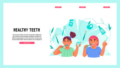 Pediatric dentistry and dental care products for kids website banner, flat vector.