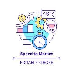 Speed to market concept icon. Innovative culture characteristic abstract idea thin line illustration. New product launch. Isolated outline drawing. Editable stroke. Arial, Myriad Pro-Bold fonts used