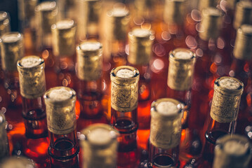 Ice wine bottles. Cabernet Franc bottles of wine in rows in hungarian wine cellar