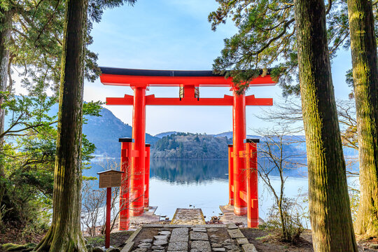 初春の箱根神社　平和の鳥居　神奈川県箱根町　Hakone Shrine in early spring. 
Torii of Peace. Kanagawa-ken Hakone town.