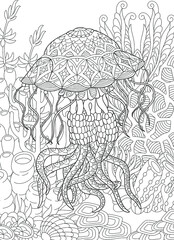 Adult coloring book page. Jellyfish and underwater background.
