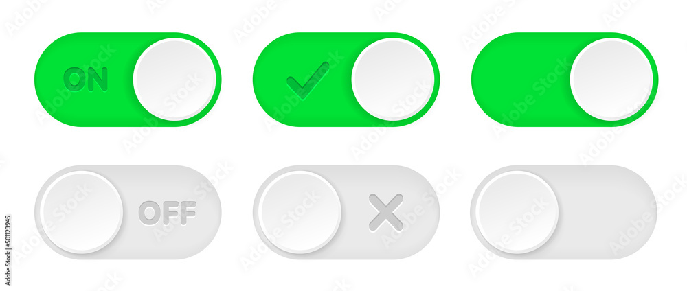 Aufkleber On and Off toggle switch icons. Switch toggle buttons ON OFF. Material design switch buttons set. Open and close ui icons. Active and Inactive icon. Stock Vector.