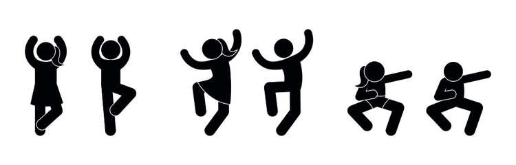 male and female figurine, dance moves, guy and girl dancing, pair of partners in dance, isolated vector icons