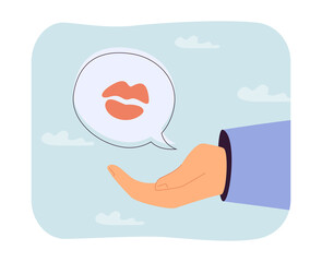 Speech bubble with kiss in hand flat vector illustration. Couple texting online through social networks, sending kisses. Love, romance concept for banner, website design or landing web page