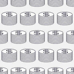 Seamless pattern of coins in a stack. Dollar cash sign. Vector currency money symbol. Business finance illustration