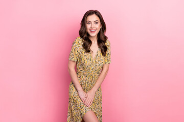 Photo of impressed millennial brunette lady wear floral dress isolated on pink color background
