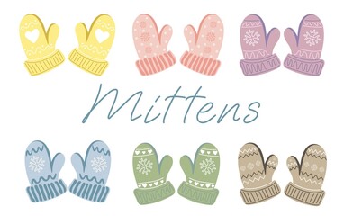 Set of different knitted mittens. Cute hand drawn elements for winter design. Winter clothes. Vector illustration.