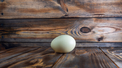 Araucana egg on wooden background. Light blue egg from Araucana chicken. Easter Festival concepts. Easter egg.
