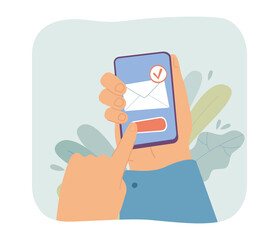 Customer touching slider on mobile phone screen with finger. Person receiving or sending message flat vector illustration. Mail app, notification concept for banner, website design or landing web page