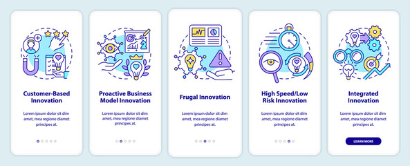 Future innovation concepts onboarding mobile app screen. Customer-based walkthrough 5 steps graphic instructions pages with linear concepts. UI, UX, GUI template. Myriad Pro-Bold, Regular fonts used © IMG visuals icons