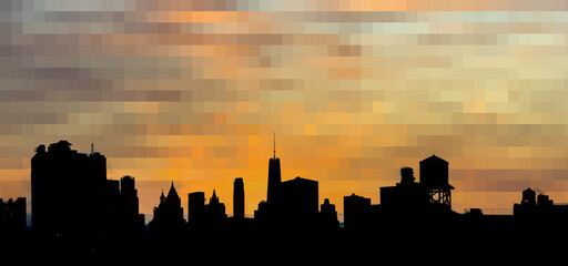 New York City skyline building silhouettes against pixelated yellow sky background