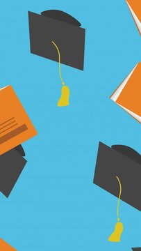 Animation of graduation caps and books falling on blue background