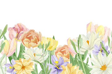 Hand painted floral seamless border design. Watercolor botanical illustration with tulips, wildflowers isolated on white background. Beautiful garden flower for greeting card, wedding invitation