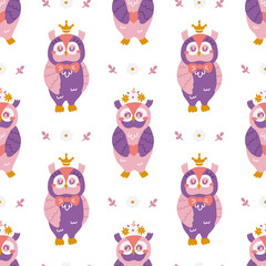 Cute in love owls with flowers and heart. Vector seamless pattern in hand drawn style