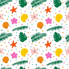 Summer seamless pattern of women's beach items. Flat vector illustration