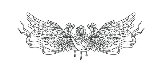 Vector vintage vignette of angel bird wings with flowers and ribbon, heraldic decorative element in antique style as black outline illustration isolated on white