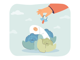 Newborn baby lying near cabbage bales flat vector illustration. Huge hand giving soother to infant. Birth, greeting concept for banner, website design or landing web page