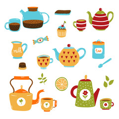Cute tea cups and teapots colorful cute hygge style icons set. Vector illustration
