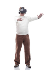 adult male looking with interest through virtual reality glasses