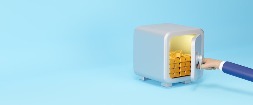 Open steel safe box and gold stack front view on blue background, treasure with gold in safe box, concept for security and banking protection, safe full of gold, money saving, 3d render illustration