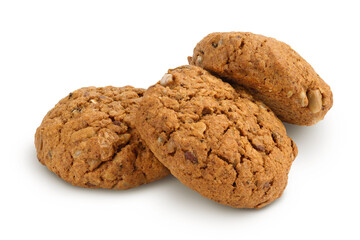 oatmeal cookies with flax, pumpkin and sunflower seeds isolated on white background with clipping path and full depth of field