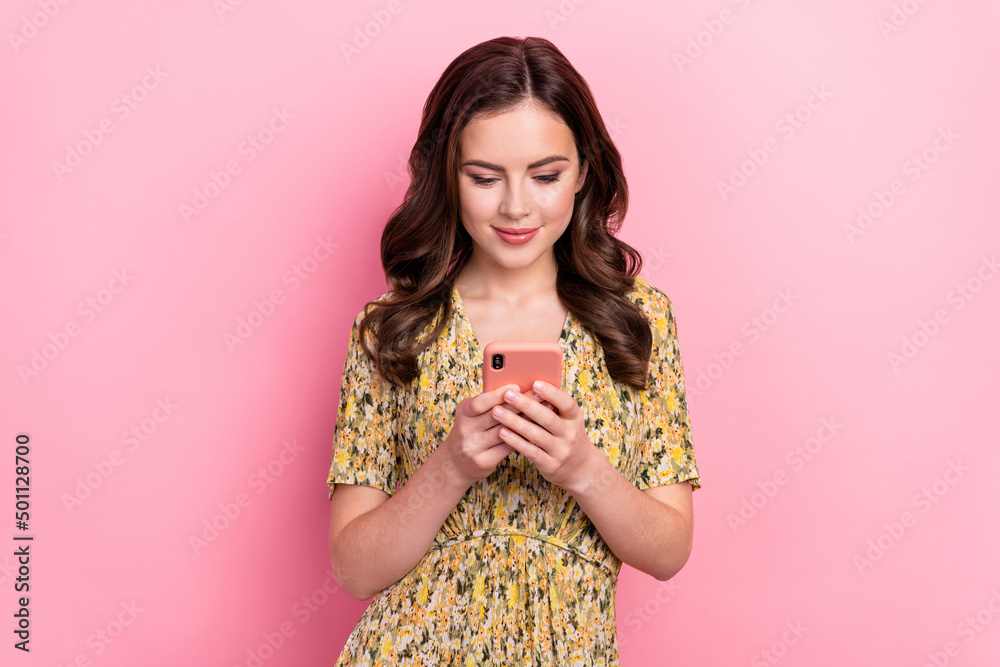 Sticker photo of pretty positive girl use telephone write post comment isolated on pink color background